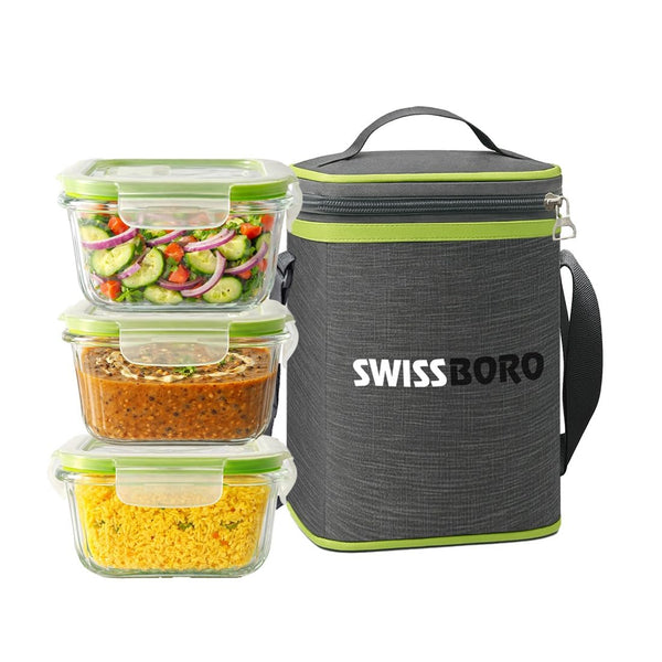 Premium Glass Tiffin with Bag | 320 x 3 Square Container Lunchbox