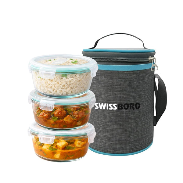 Glass Tiffin with Bag | 400 x 3 Round Container Lunchbox
