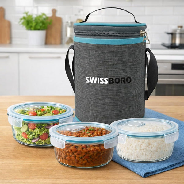 Premium Glass Tiffin with Bag | 400 x 3 Round Container Lunchbox