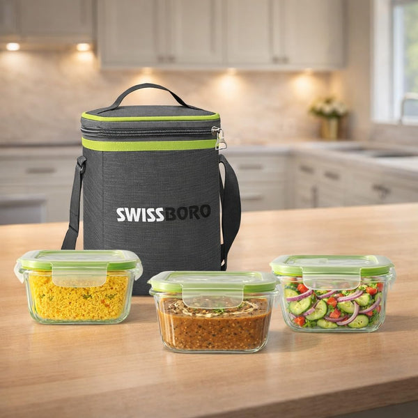Premium Glass Tiffin with Bag | 320 x 3 Square Container Lunchbox