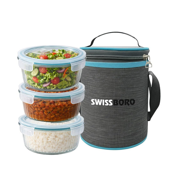 Premium Glass Tiffin with Bag | 400 x 3 Round Container Lunchbox