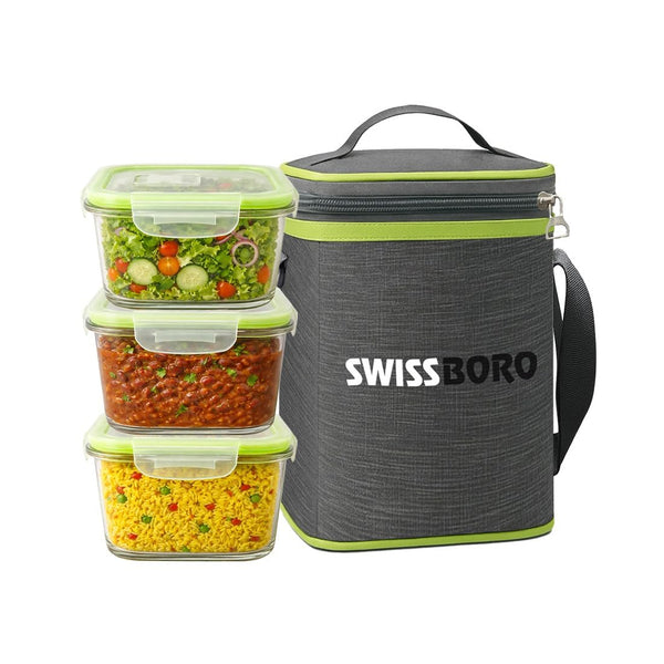 Glass Tiffin with Bag | 320 x 3 Square Container Lunchbox