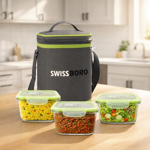 Glass Tiffin with Bag | 320 x 3 Square Container Lunchbox