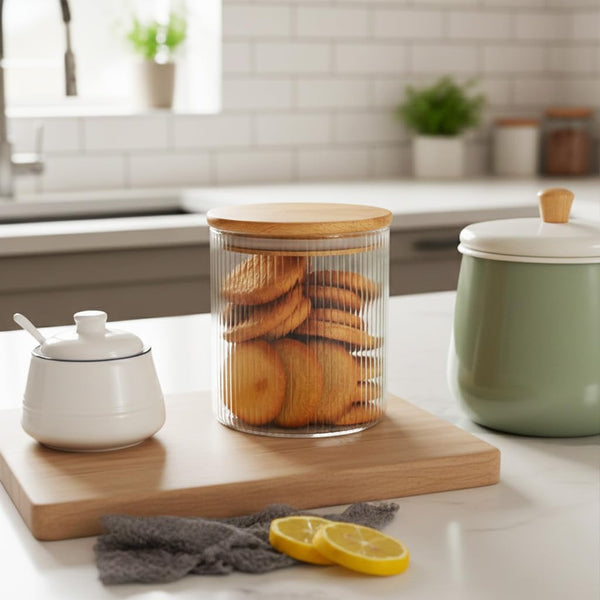 Elora Bamboo Lid Borosilicate Glass Round Jar 1 pc- 500ml